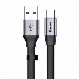 Кабель Type-C - USB 2.0 для зарядки 23 см 5А 40W плоский Baseus Simple HW (быстрая зарядка Huawei и QC 3.0) черно-серый