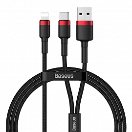 Кабель USB, Type-C - Lightning для зарядки 1,2 м 2.4А 18W плетеный Baseus Cafule (быстрая зарядка PD) черно-красный