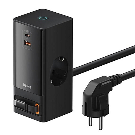 Сетевой фильтр на 2 розетки, USB, Type-C, с выдвижным кабелемType-C 65W GaN длина 1.5 м Baseus PSLR000301 PowerCombo (быстрая зарядка QC, PD) черный