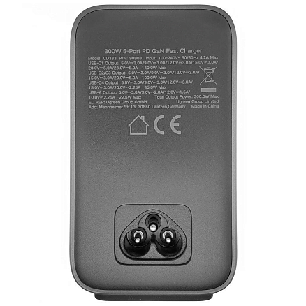 Зарядное устройство сетевое с USB и 4 Type-C входами 300W Ugreen CD333-90903B Nexode (быстрая зарядка PD)