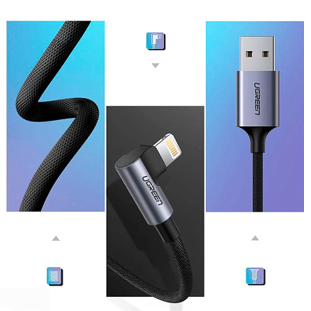 Кабель USB - Lightning для зарядки iPhone 2 м 2.4А MFi с угловым Lightning плетеный Ugreen US299 черный