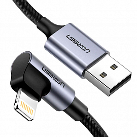 Кабель USB - Lightning для зарядки iPhone 1 м 2.4А MFi с угловым Lightning плетеный Ugreen US299 черный