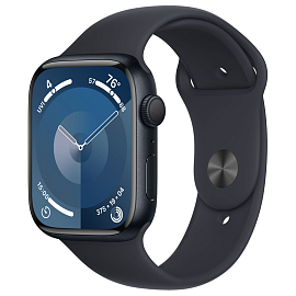Умные часы Apple Watch 9 45 мм с силиконовым ремешком M/L алюминиевые полуночные черные