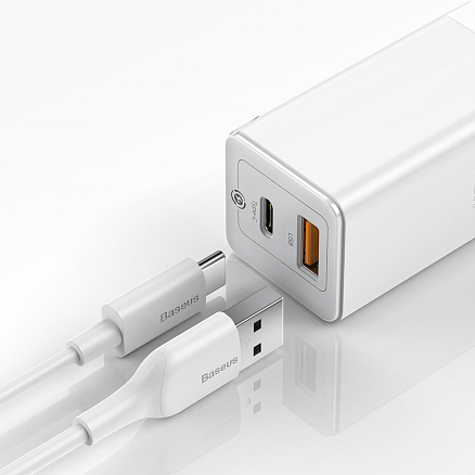 Зарядное устройство сетевое с USB и Type-C входами и Type-C кабелем 4,5А 45W Baseus GaN Mini (быстрая зарядка QC 4.0, 3.0, PD) белое