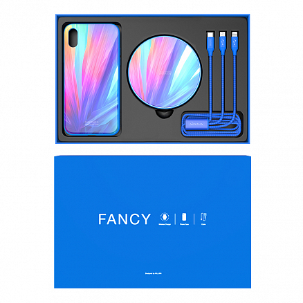 Беспроводная зарядка (быстрая), чехол для iPhone X, XS и кабель 3-в-1 Nillkin Fancy Gift (подарочный комплект) синие