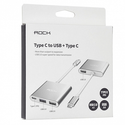 Хаб (разветвитель) Type-C - 2 х USB 2.0, USB 3.0, Type-C (папа - мама) Rock серый
