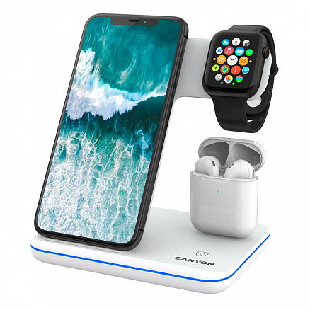 Беспроводная зарядка 3-в-1 для телефона, Apple Watch и AirPods 15W Canyon WS-302 (быстрая зарядка) белая