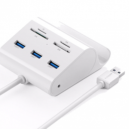 USB 3.0 HUB (разветвитель) на 3 порта с картридером и подставкой для телефона Urgeen US156 c питанием белый