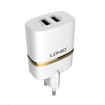 Зарядное устройство сетевое с двумя USB входами 2.4А и Lightning кабелем Ldnio DL-AC52 белое