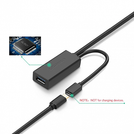 Кабель-удлинитель USB 3.0 (папа - мама) активный длина 10 м Ugreen US175 с питанием MicroUSB черный