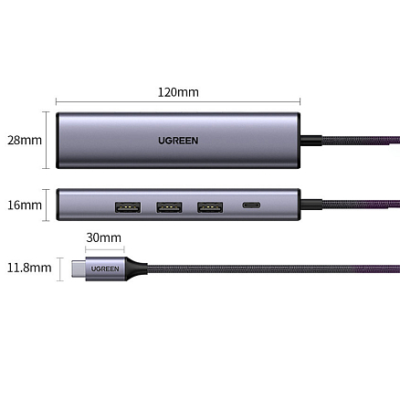 Переходник Type-C - 3 х USB 3.0, Gigabit Ethernet, Type-C PD 100W Ugreen CM475 серый