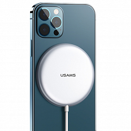 Беспроводная магнитная зарядка MagSafe для iPhone 15W Usams US-CD160 W2 серебристая