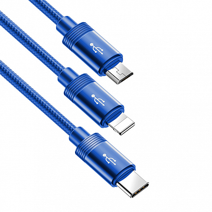 Кабель USB - MicroUSB, Lightning, Type-C 1,2 м 3.5A плетеный Baseus Data Faction синий