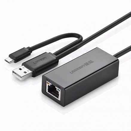 Переходник USB 2.0 - Ethernet, MicroUSB c OTG длина 51 см Ugreen CR110 черный