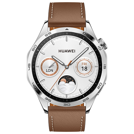 Умные часы Huawei Watch GT 4 46 мм с коричневым кожаным ремешком серые