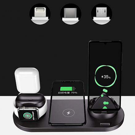 Беспроводная зарядка 6-в-1 для двух телефонов, Apple Watch, AirPods 10W c двумя USB портами SeenDa WS5 черная