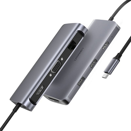 Хаб (разветвитель) Type-C - HDMI 4K 60Hz, 3 х USB 3.0, VGA, Gigabit Ethernet, Type-C PD 100W с картридером SD и MicroSD Ugreen CM179 серый