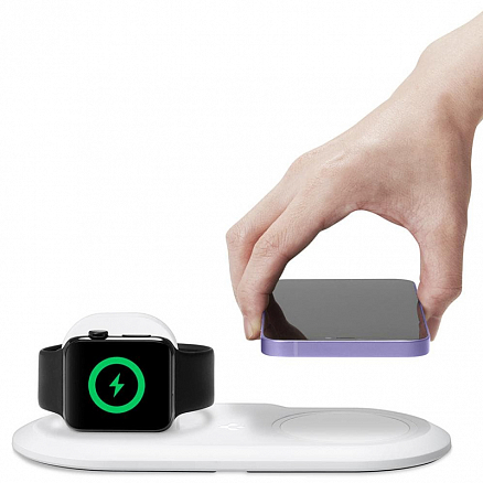 Подставка 2-в-1 для зарядки MagSafe и зарядного Apple Watch Spigen MagFit Duo белая