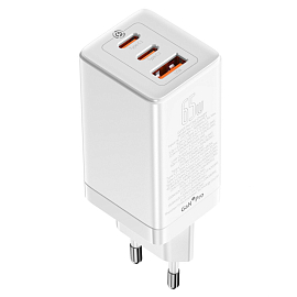 Зарядное устройство сетевое с USB и двумя Type-C входами 3А 65W Baseus GaN3 Pro (быстрая зарядка QC 4.0, 3.0, PD) белое