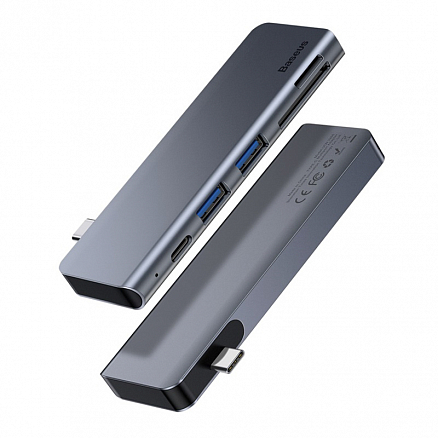 Переходник Type-C - 2 x USB 3.0, Type-C PD c картридером SD и MicroSD Baseus Harmonica серый