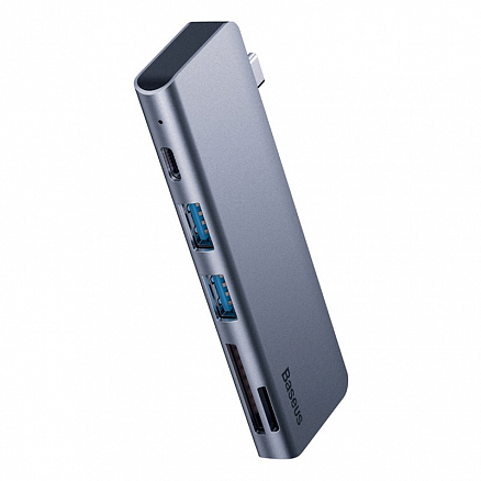 Хаб (разветвитель) Type-C - 2 x USB 3.0, Type-C PD c картридером SD и MicroSD Baseus Harmonica серый