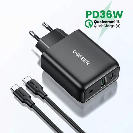 Зарядное устройство сетевое c USB и Type-C входами 36W Ugreen CD170 (быстрая зарядка QC 3.0, PD 3.0) черное