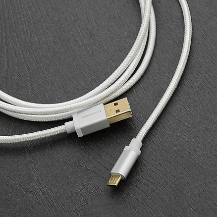 Кабель USB - MicroUSB для зарядки 1,5 м 2.4А плетеный Ugreen US134 (быстрая зарядка QC) белый
