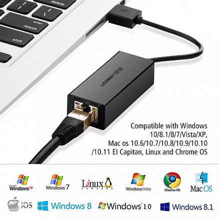 Переходник USB 3.0 - Gigabit Ethernet длина 19 см Ugreen CR111 черный