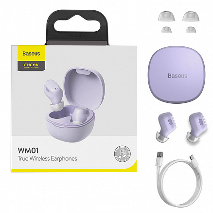 Наушники TWS беспроводные Bluetooth Baseus Encok WM01 вакуумные с микрофоном сиреневые