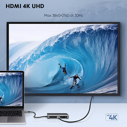 Хаб (разветвитель) Type-C - HDMI 4K 30Hz, 2 x USB, SD, MicroSD + Gigabit Ethernet Ugreen CM212 50852 с питанием Type-C серый