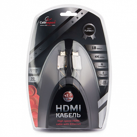 Кабель HDMI - HDMI (папа - папа) длина 1,8 м версия 2.0 4K 60Hz плетеный Cablexpert черный