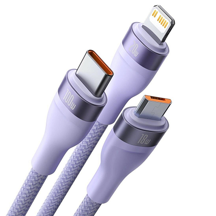 Кабель USB, Type-C - MicroUSB, Lightning, Type-C 1,2 м 5A 100W плетеный Baseus Flash Series фиолетовый