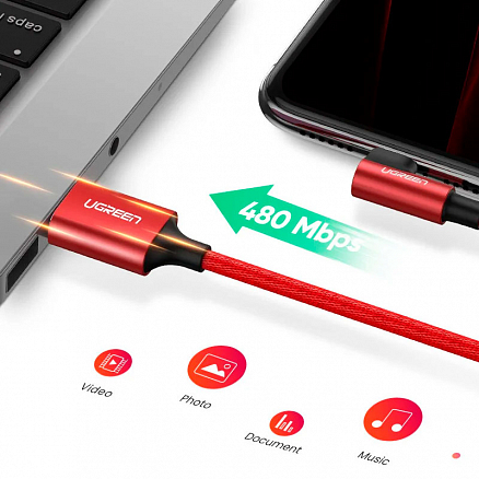 Кабель USB - Lightning для зарядки iPhone 1 м 2.4А MFi с угловым Lightning плетеный Ugreen US299 красный