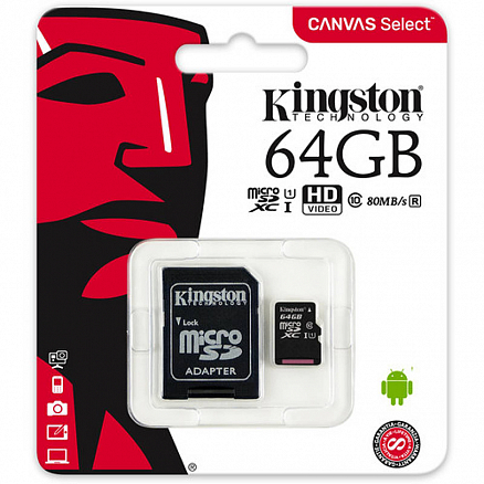 Карта памяти Kingston Canvas Select MicroSDXC 64Gb Class 10 UHS-I с адаптером SD