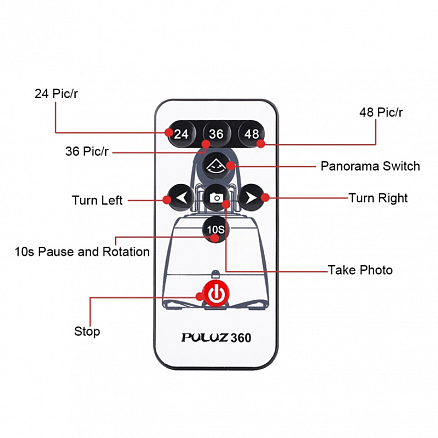 Панорамная головка для телефона, экшн-камеры или фотоаппарата с пультом управления PULUZ PU360 серебристо-красная
