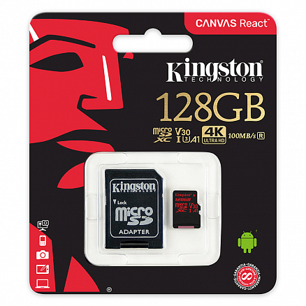 Карта памяти Kingston Canvas React MicroSDXC 128Gb для 4К UHS-I U3 V30 100 Мб/с с адаптером SD