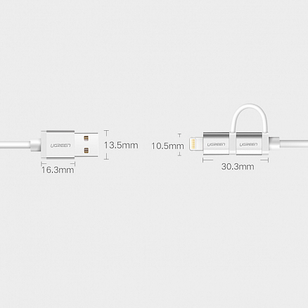 Кабель USB - MicroUSB, Lightning 1 м 2.4А MFi Ugreen US165 серебристый