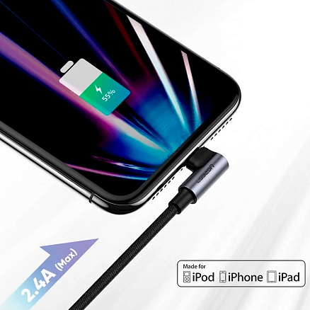 Кабель USB - Lightning для зарядки iPhone 1,5 м 2.4А MFi с угловым Lightning плетеный Ugreen US299 черный