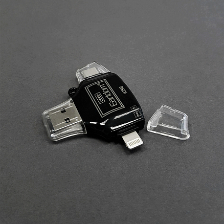 Картридер MicroSD 4-в-1 Lightning, Type-C, MicroUSB, USB Earldom ET-0T31 черный