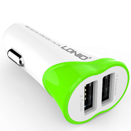 Зарядное устройство автомобильное с двумя USB входами 3.4A и Lightning кабелем Ldnio С332 бело-зеленое