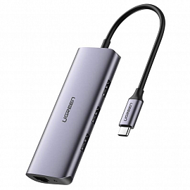 Переходник Type-C - 3 х USB 3.0, Gigabit Ethernet с питанием MicroUSB Ugreen CM252 серый