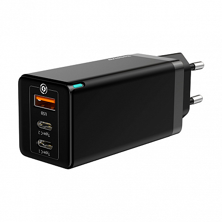 Зарядное устройство сетевое с USB и двумя Type-C входами 5А 65W Baseus GaN (быстрая зарядка QC 4.0, 3.0, PD) черное