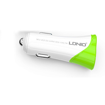 Зарядное устройство автомобильное с двумя USB входами 3.4A и Lightning кабелем Ldnio С332 бело-зеленое