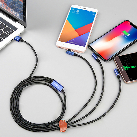 Кабель USB - MicroUSB, Lightning, Type-C 1,2 м 3.5A плетеный с угловыми штекерами Baseus MVP черно-синий