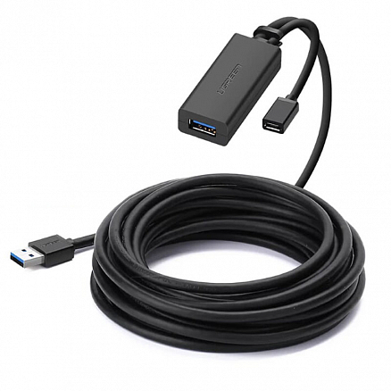 Кабель-удлинитель USB 3.0 (папа - мама) активный длина 10 м Ugreen US175 с питанием MicroUSB черный