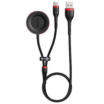 Кабель USB - Type-C 1,5 м 5A 40W с беспроводной зарядкой для Huawei и Honor Watch Baseus Cafule черно-красный
