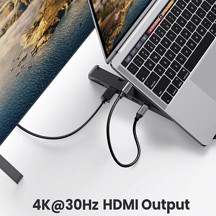 Подставка для ноутбука с переходником Type-C - HDMI 4K 30Hz, 2 х USB 3.0 с картридером SD и MicroSD Ugreen CM359 черный