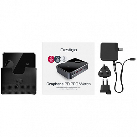 Внешний аккумулятор Prestigio Graphene PD Pro Watch Edition с беспроводной зарядкой 20000мАч (Type-C, 2хUSB, ток 3А, быстрая зарядка PD, QC 3.0, 45Вт) черно-серебристый