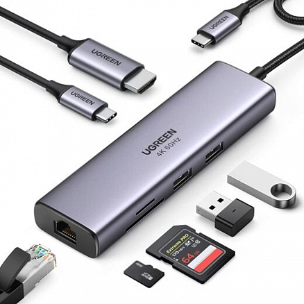 Переходник Type-C - HDMI 4K 60Hz, 2 х USB 3.0, Gigabit Ethernet, Type-C PD 100W с картридером SD и MicroSD Ugreen CM512 серый