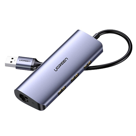 USB 3.0 HUB (разветвитель) на 3 порта + Gigabit Ethernet Ugreen CM252 с питанием MicroUSB серый